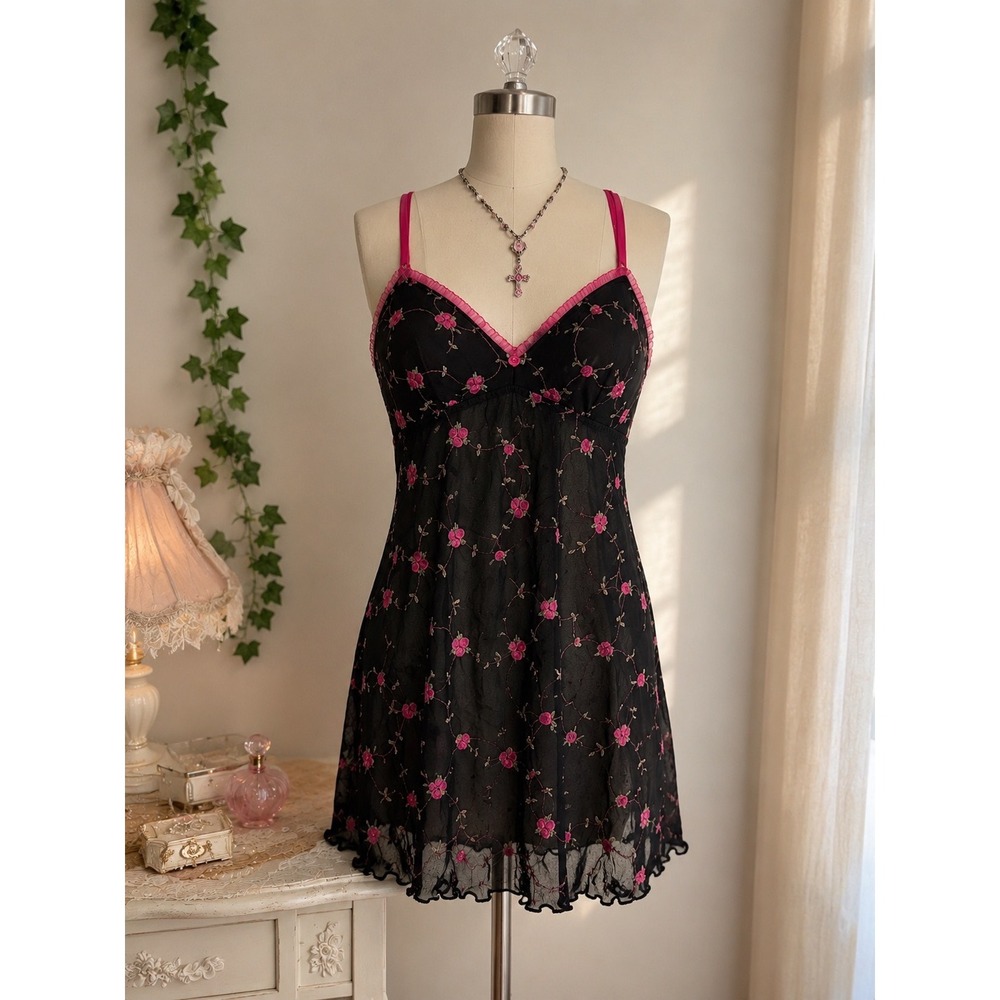 Y2K Sheer Mesh Floral Slip Dress Pink Rose Fairy Grunge Coquette XL